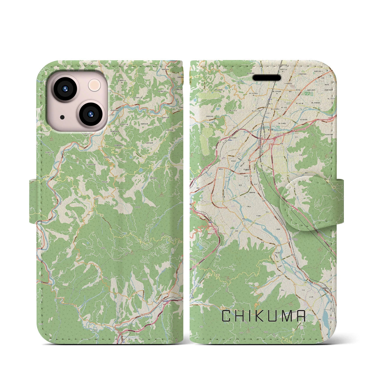 【千曲(長野県)】地図柄iPhoneケース(手帳タイプ)ナチュラル・iPhone 13 mini 用