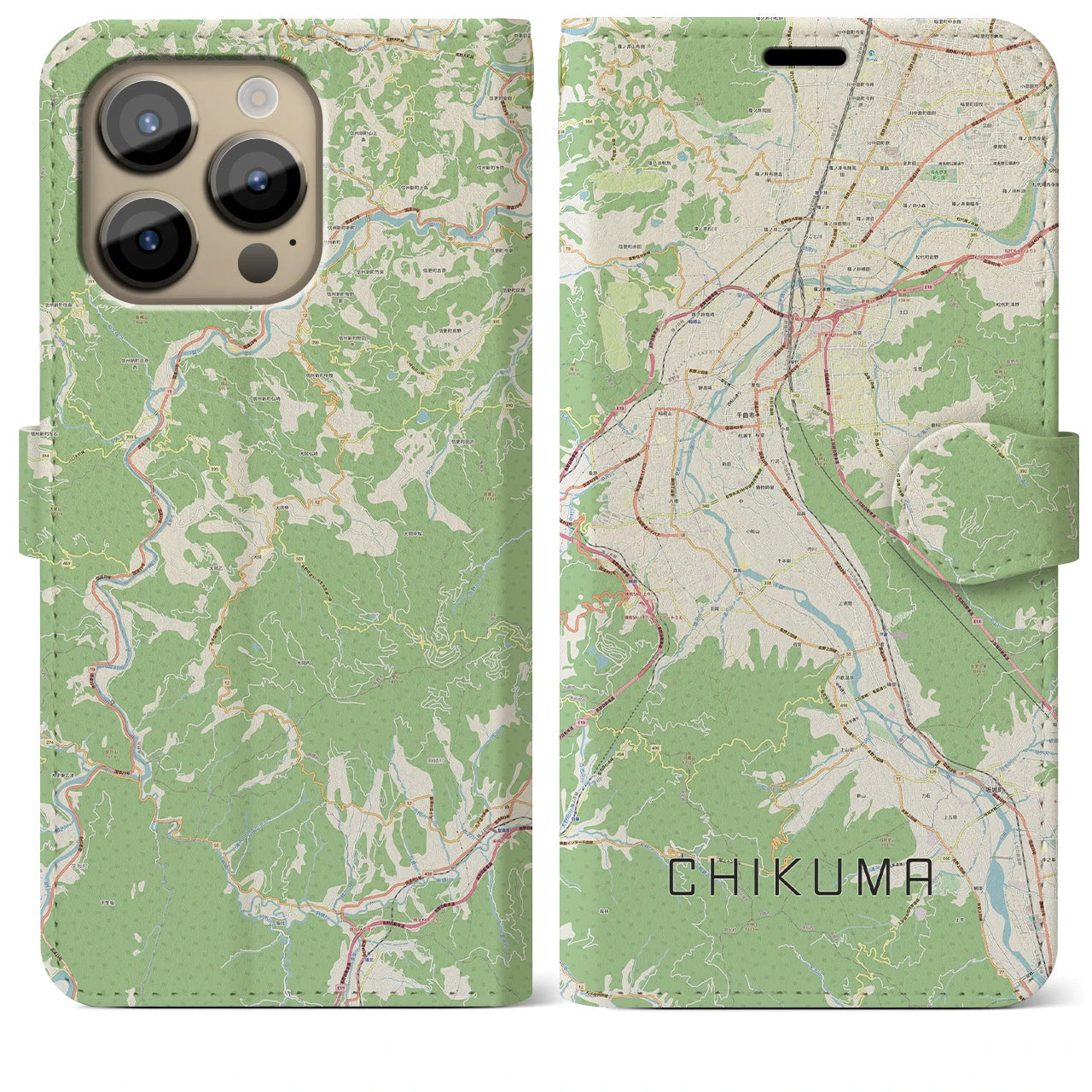【千曲(長野県)】地図柄iPhoneケース(手帳タイプ)ナチュラル・iPhone 14 Pro Max 用