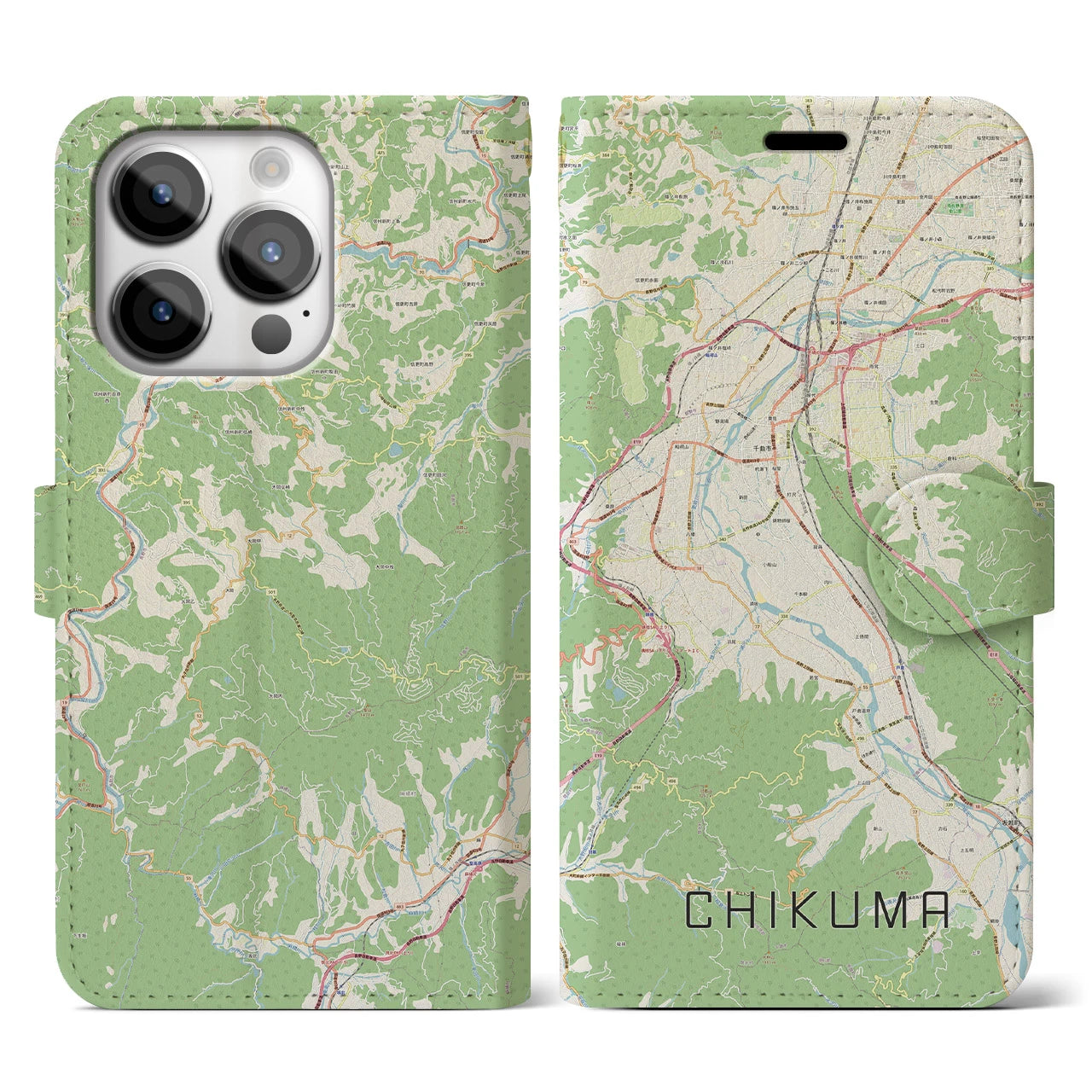 【千曲(長野県)】地図柄iPhoneケース(手帳タイプ)ナチュラル・iPhone 14 Pro 用