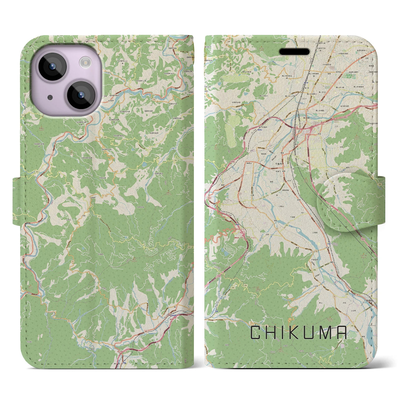 【千曲(長野県)】地図柄iPhoneケース(手帳タイプ)ナチュラル・iPhone 14 用