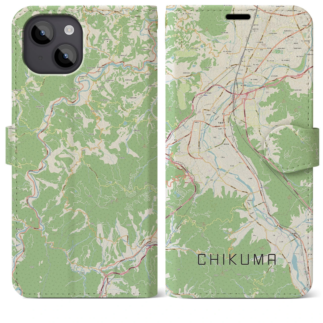 【千曲(長野県)】地図柄iPhoneケース(手帳タイプ)ナチュラル・iPhone 14 Plus 用