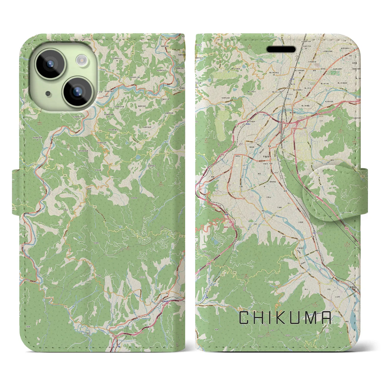 【千曲(長野県)】地図柄iPhoneケース(手帳タイプ)ナチュラル・iPhone 15 用