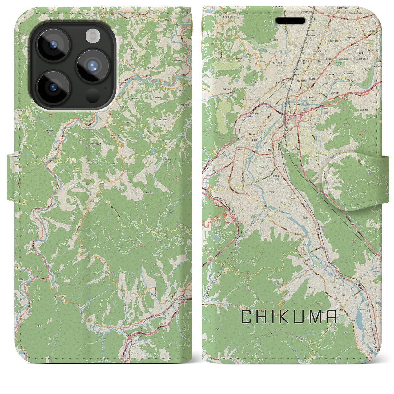 【千曲(長野県)】地図柄iPhoneケース(手帳タイプ)ナチュラル・iPhone 15 Pro Max 用