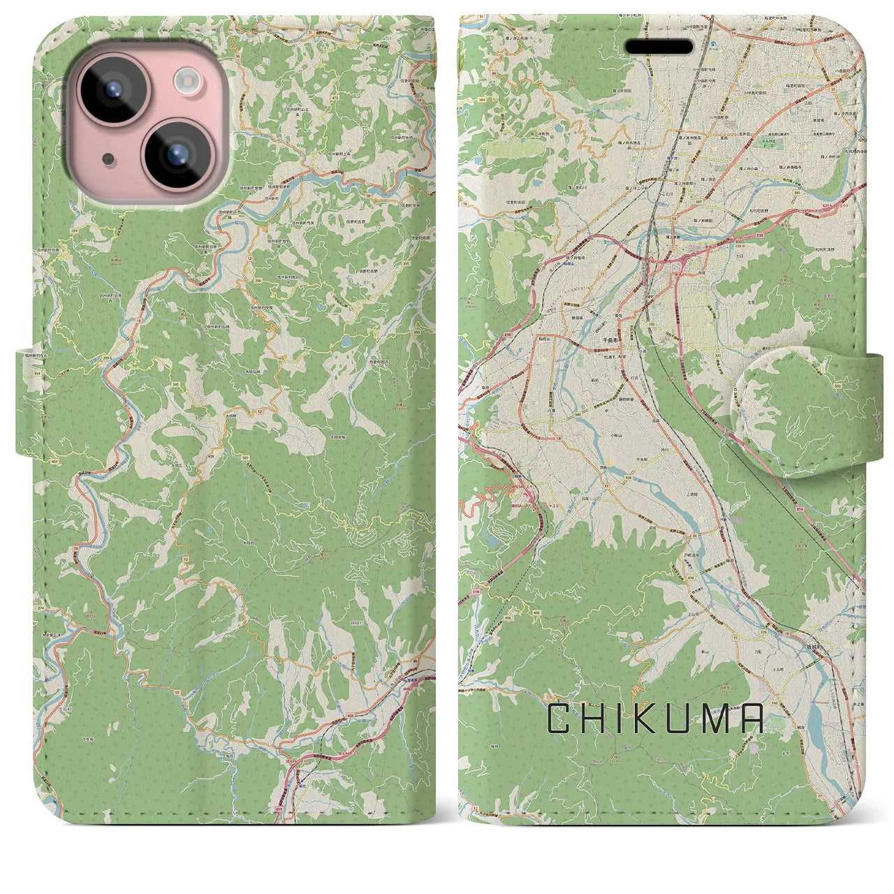 【千曲(長野県)】地図柄iPhoneケース(手帳タイプ)ナチュラル・iPhone 15 Plus 用