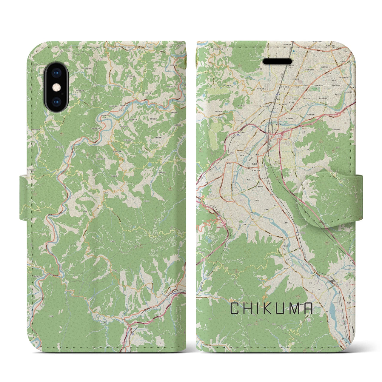 【千曲(長野県)】地図柄iPhoneケース(手帳タイプ)ナチュラル・iPhone XS / X 用