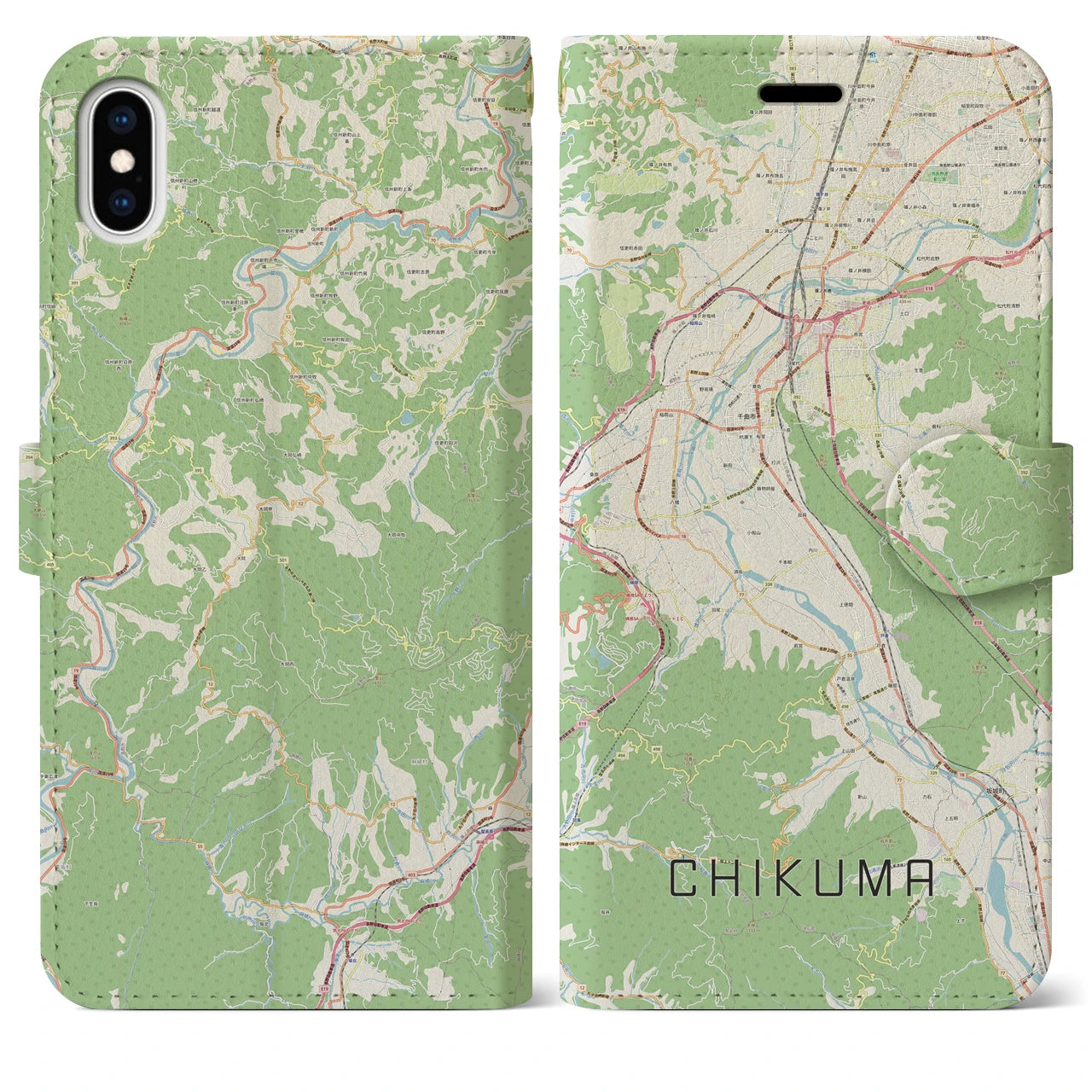 【千曲(長野県)】地図柄iPhoneケース(手帳タイプ)ナチュラル・iPhone XS Max 用