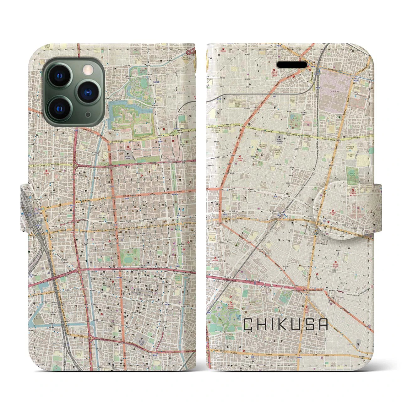 【千種(愛知県)】地図柄iPhoneケース(手帳タイプ)ナチュラル・iPhone 11 Pro 用