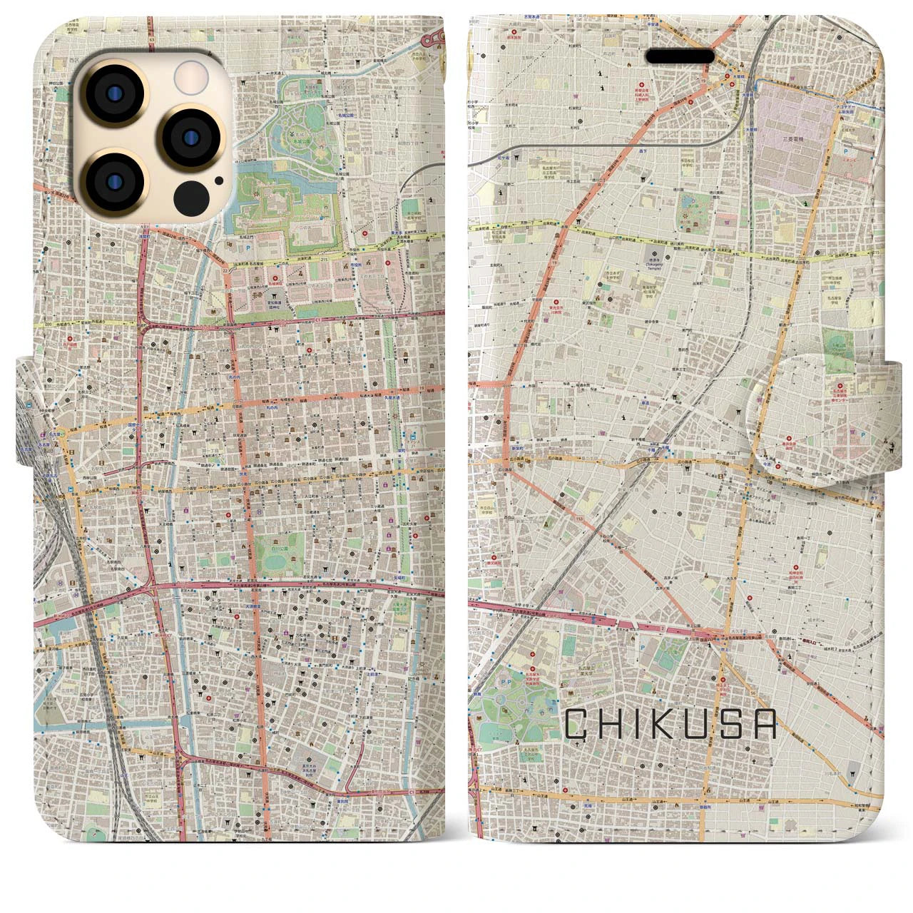 【千種(愛知県)】地図柄iPhoneケース(手帳タイプ)ナチュラル・iPhone 12 Pro Max 用