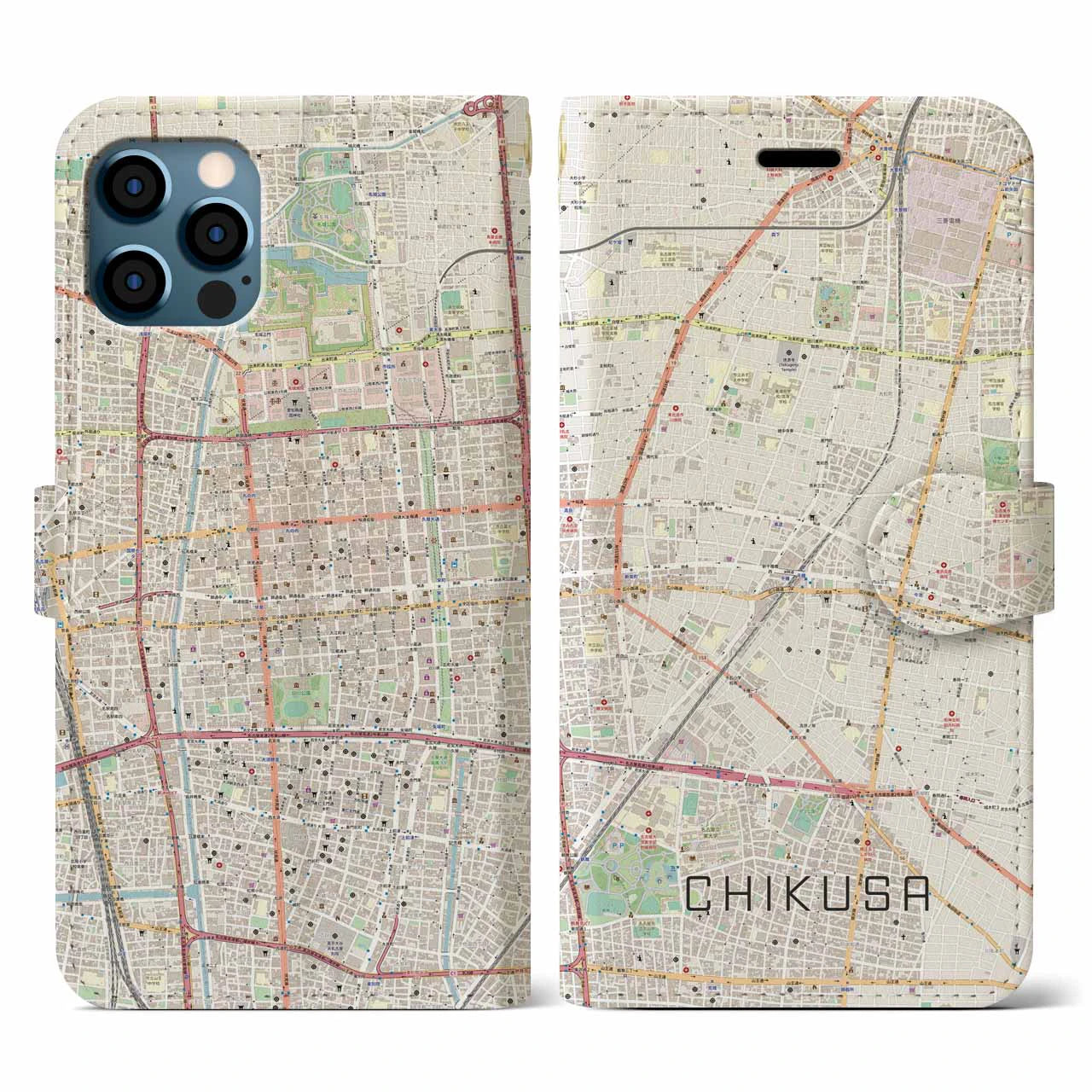 【千種(愛知県)】地図柄iPhoneケース(手帳タイプ)ナチュラル・iPhone 12 / 12 Pro 用