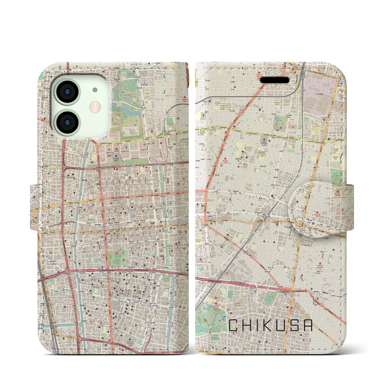 【千種(愛知県)】地図柄iPhoneケース(手帳タイプ)ナチュラル・iPhone 12 mini 用