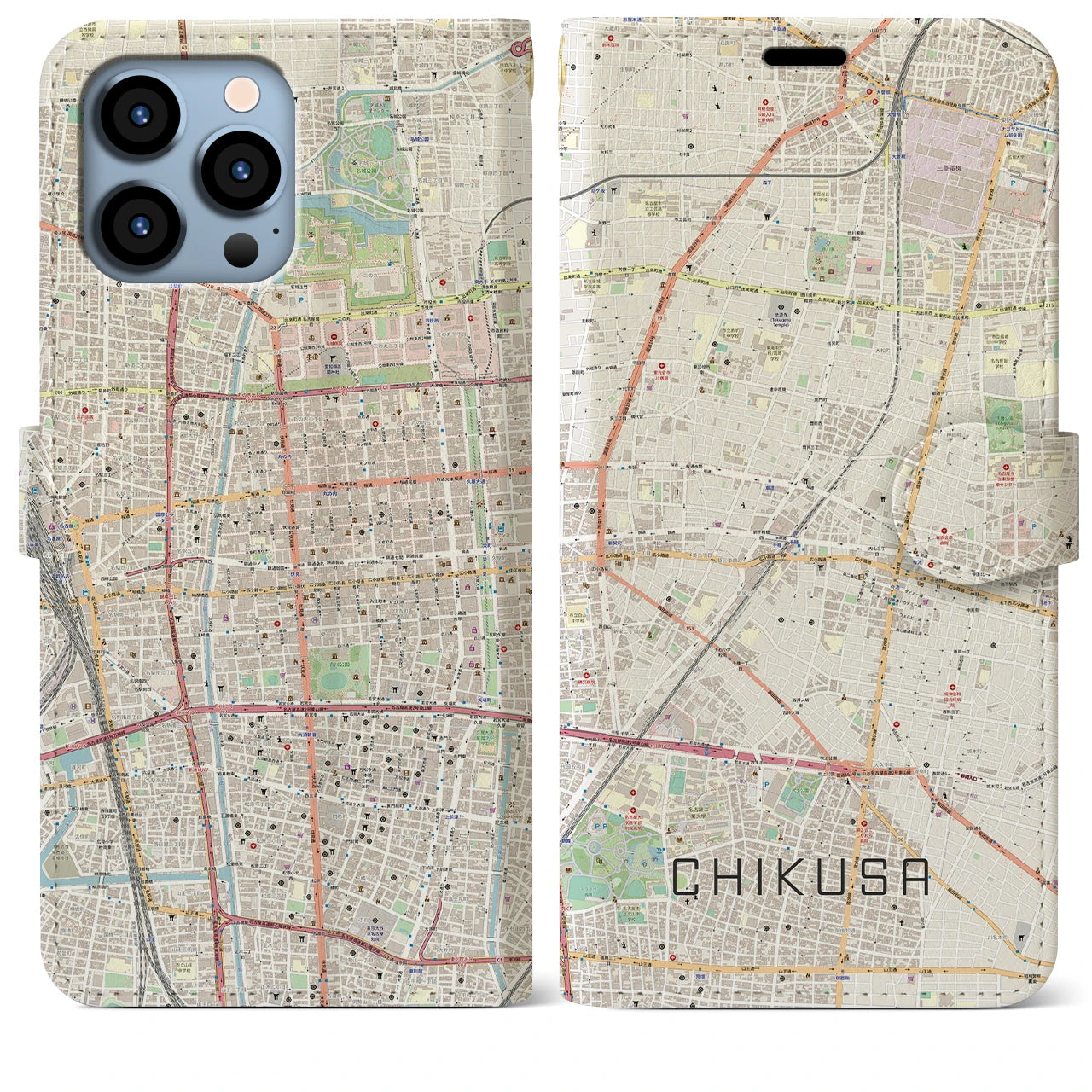 【千種(愛知県)】地図柄iPhoneケース(手帳タイプ)ナチュラル・iPhone 13 Pro Max 用