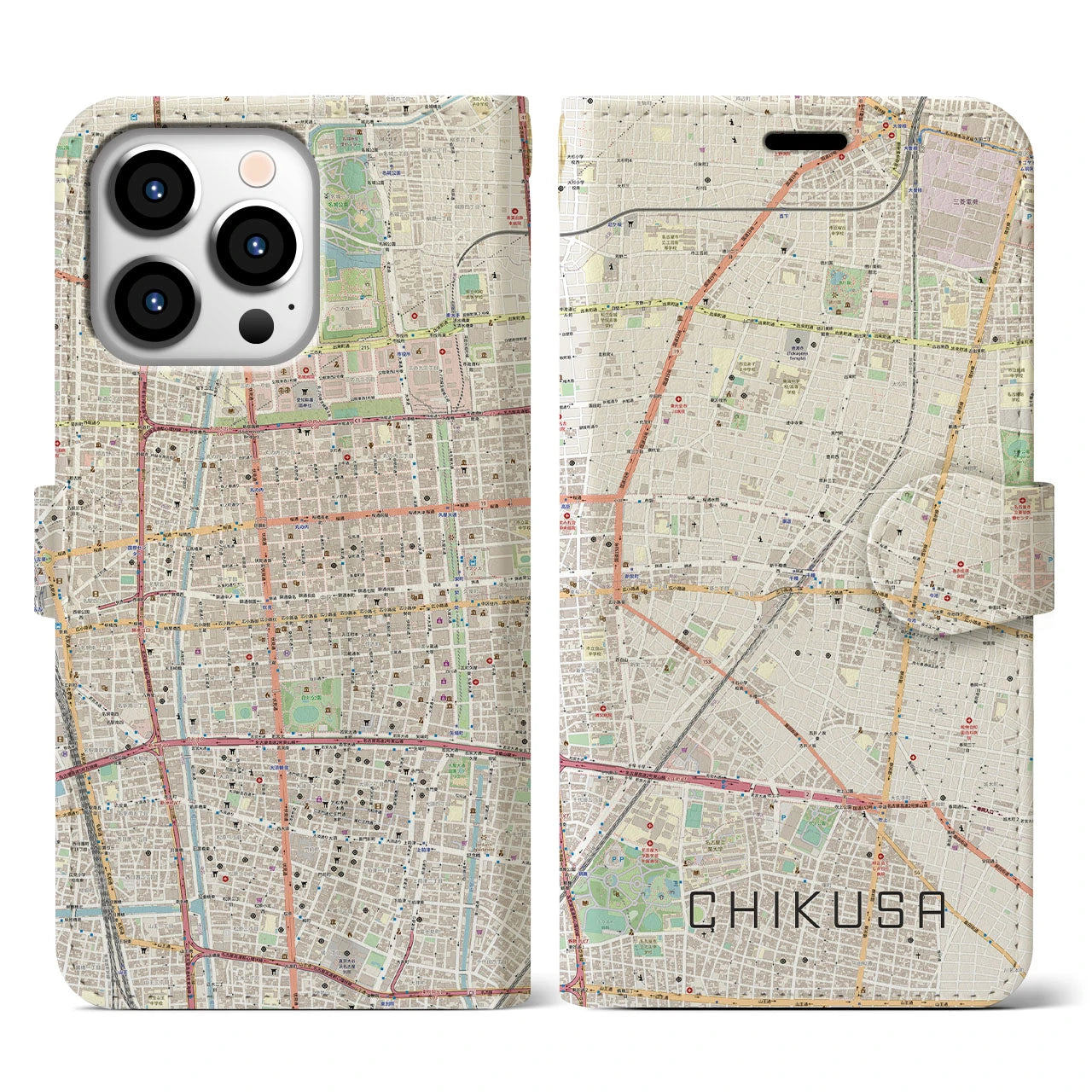 【千種(愛知県)】地図柄iPhoneケース(手帳タイプ)ナチュラル・iPhone 13 Pro 用
