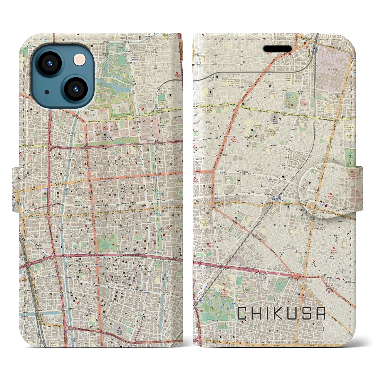 【千種(愛知県)】地図柄iPhoneケース(手帳タイプ)ナチュラル・iPhone 13 用
