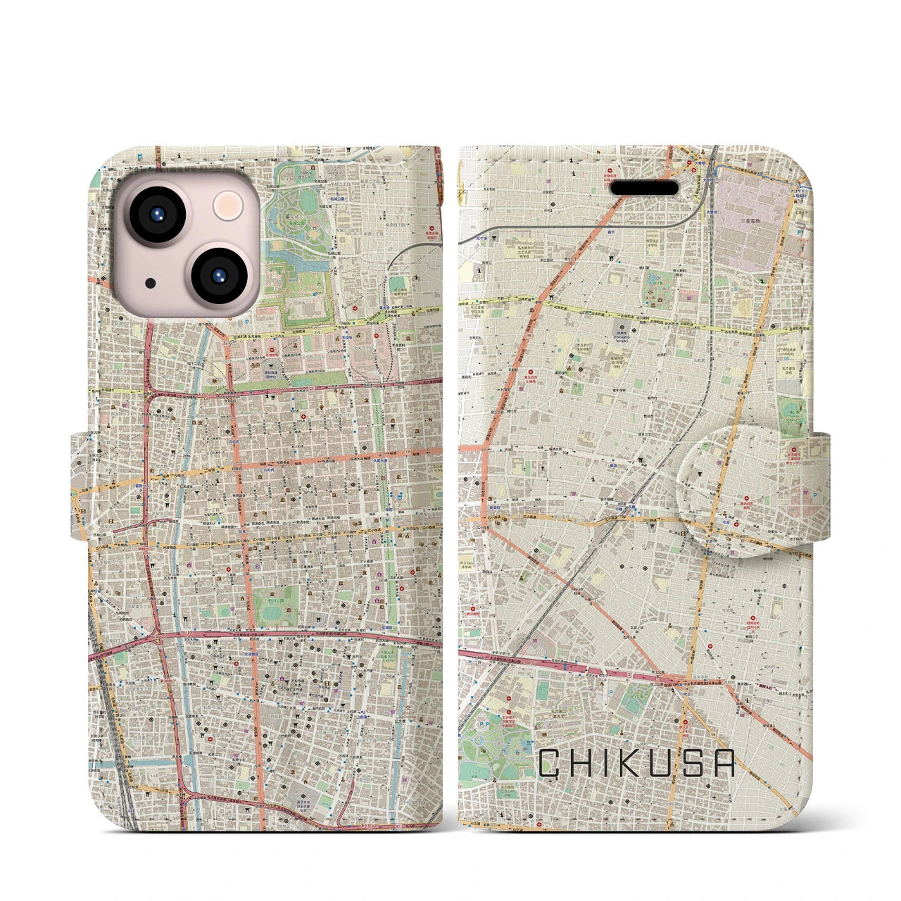 【千種(愛知県)】地図柄iPhoneケース(手帳タイプ)ナチュラル・iPhone 13 mini 用