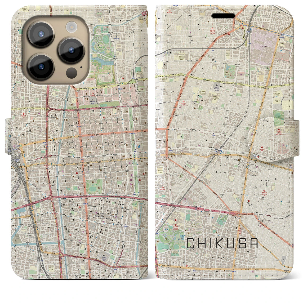 【千種(愛知県)】地図柄iPhoneケース(手帳タイプ)ナチュラル・iPhone 14 Pro Max 用