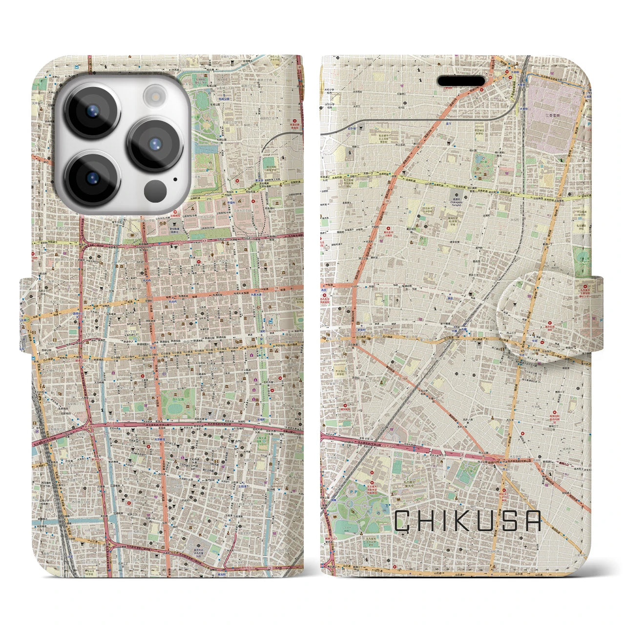 【千種(愛知県)】地図柄iPhoneケース(手帳タイプ)ナチュラル・iPhone 14 Pro 用