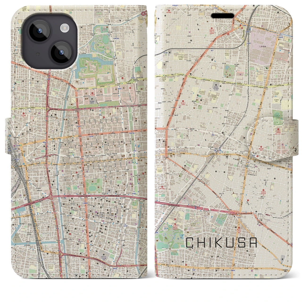 【千種(愛知県)】地図柄iPhoneケース(手帳タイプ)ナチュラル・iPhone 14 Plus 用