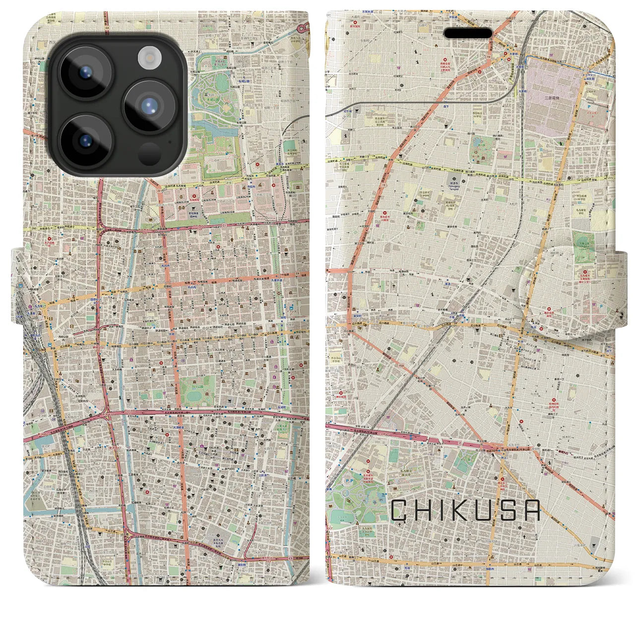 【千種(愛知県)】地図柄iPhoneケース(手帳タイプ)ナチュラル・iPhone 15 Pro Max 用