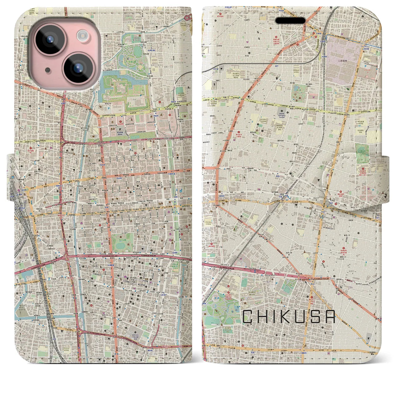 【千種(愛知県)】地図柄iPhoneケース(手帳タイプ)ナチュラル・iPhone 15 Plus 用