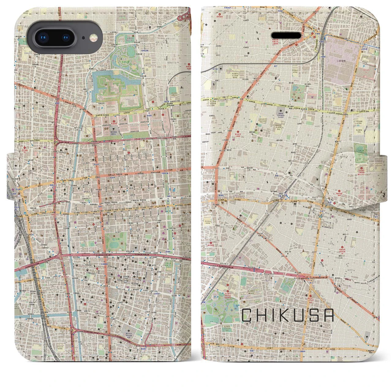 【千種(愛知県)】地図柄iPhoneケース(手帳タイプ)ナチュラル・iPhone 8Plus /7Plus / 6sPlus / 6Plus 用