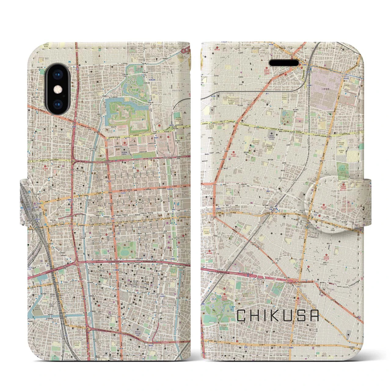 【千種(愛知県)】地図柄iPhoneケース(手帳タイプ)ナチュラル・iPhone XS / X 用