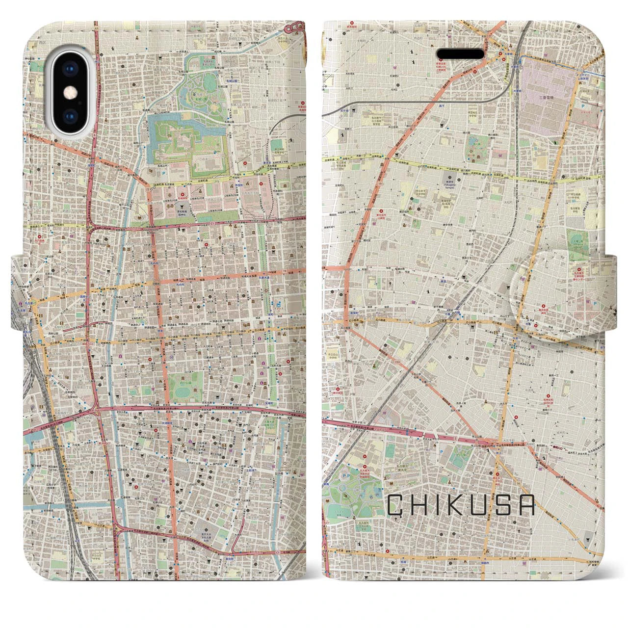 【千種(愛知県)】地図柄iPhoneケース(手帳タイプ)ナチュラル・iPhone XS Max 用