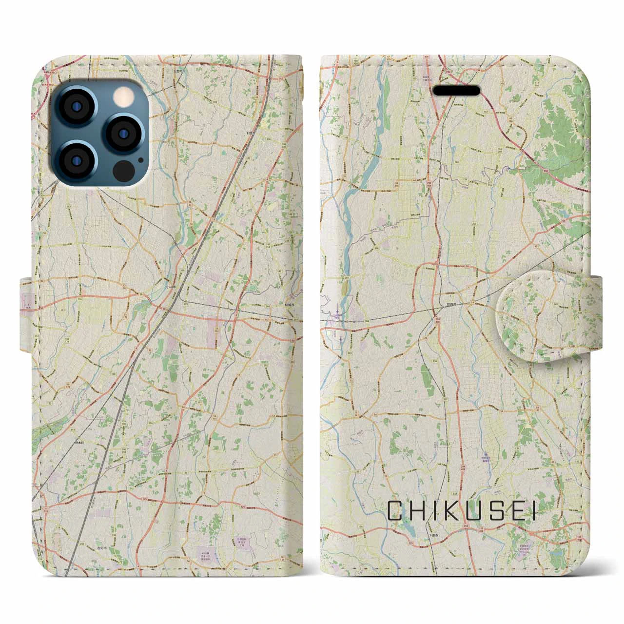 【筑西(茨城県)】地図柄iPhoneケース(手帳タイプ)ナチュラル・iPhone 12 / 12 Pro 用