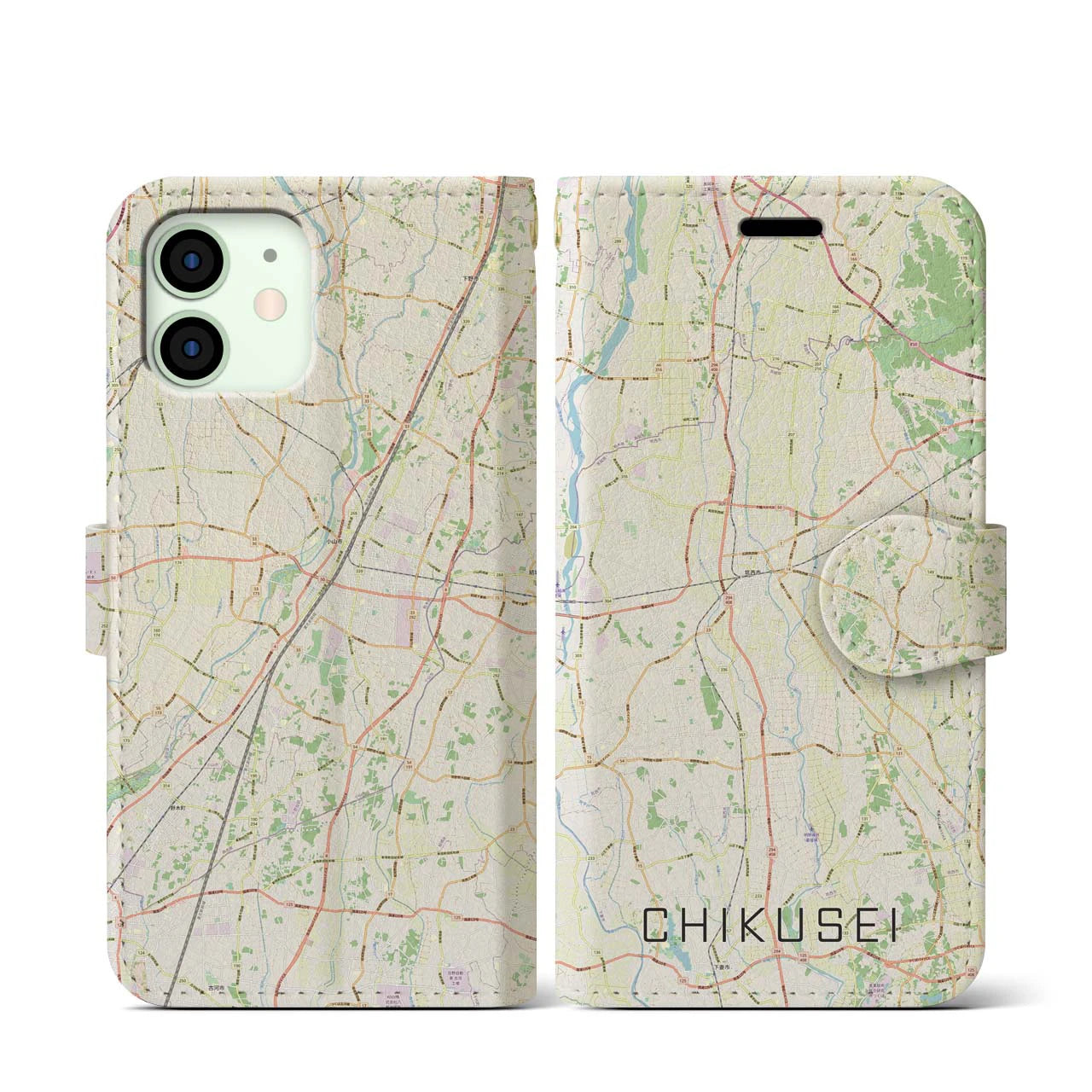 【筑西(茨城県)】地図柄iPhoneケース(手帳タイプ)ナチュラル・iPhone 12 mini 用