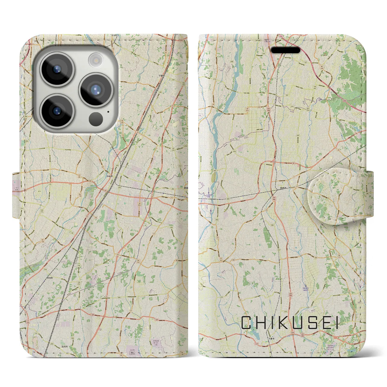 【筑西(茨城県)】地図柄iPhoneケース(手帳タイプ)ナチュラル・iPhone 15 Pro 用