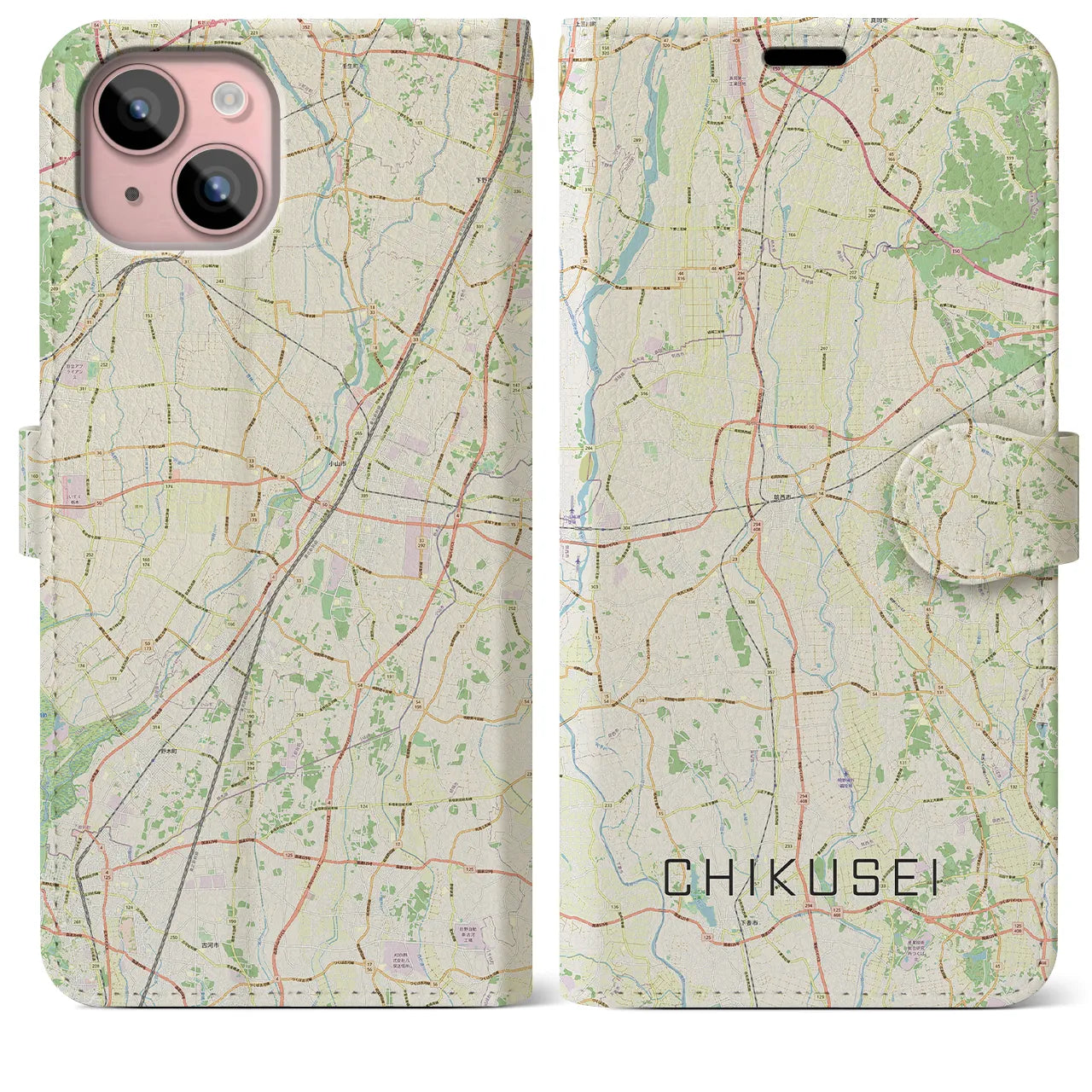 【筑西(茨城県)】地図柄iPhoneケース(手帳タイプ)ナチュラル・iPhone 15 Plus 用