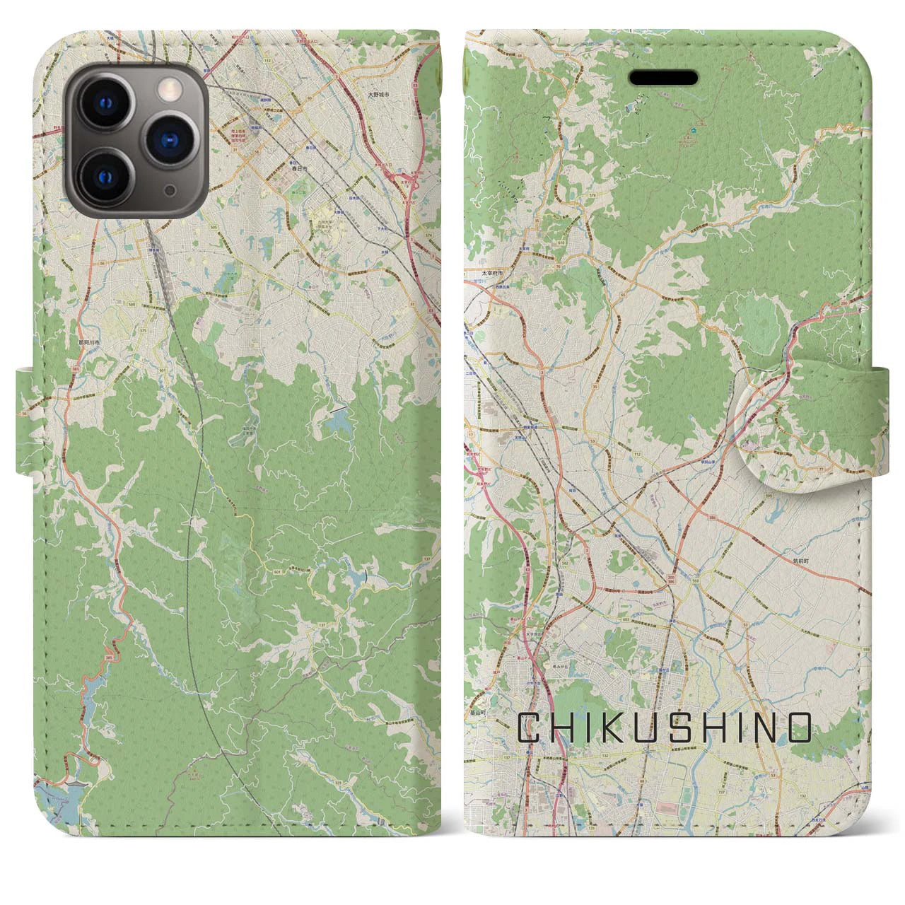 【筑紫野(福岡県)】地図柄iPhoneケース(手帳タイプ)ナチュラル・iPhone 11 Pro Max 用
