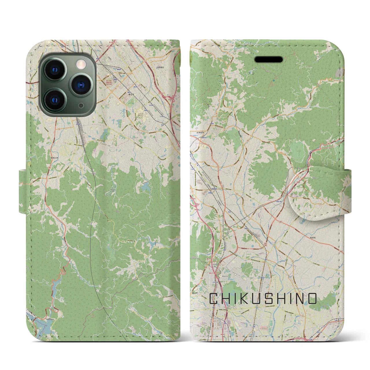 【筑紫野(福岡県)】地図柄iPhoneケース(手帳タイプ)ナチュラル・iPhone 11 Pro 用