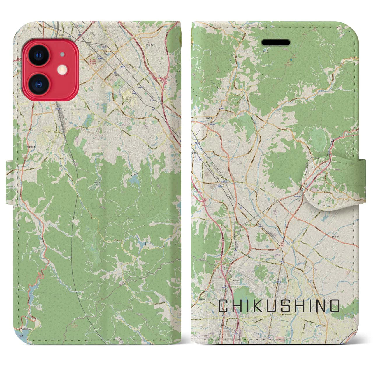 【筑紫野(福岡県)】地図柄iPhoneケース(手帳タイプ)ナチュラル・iPhone 11 用