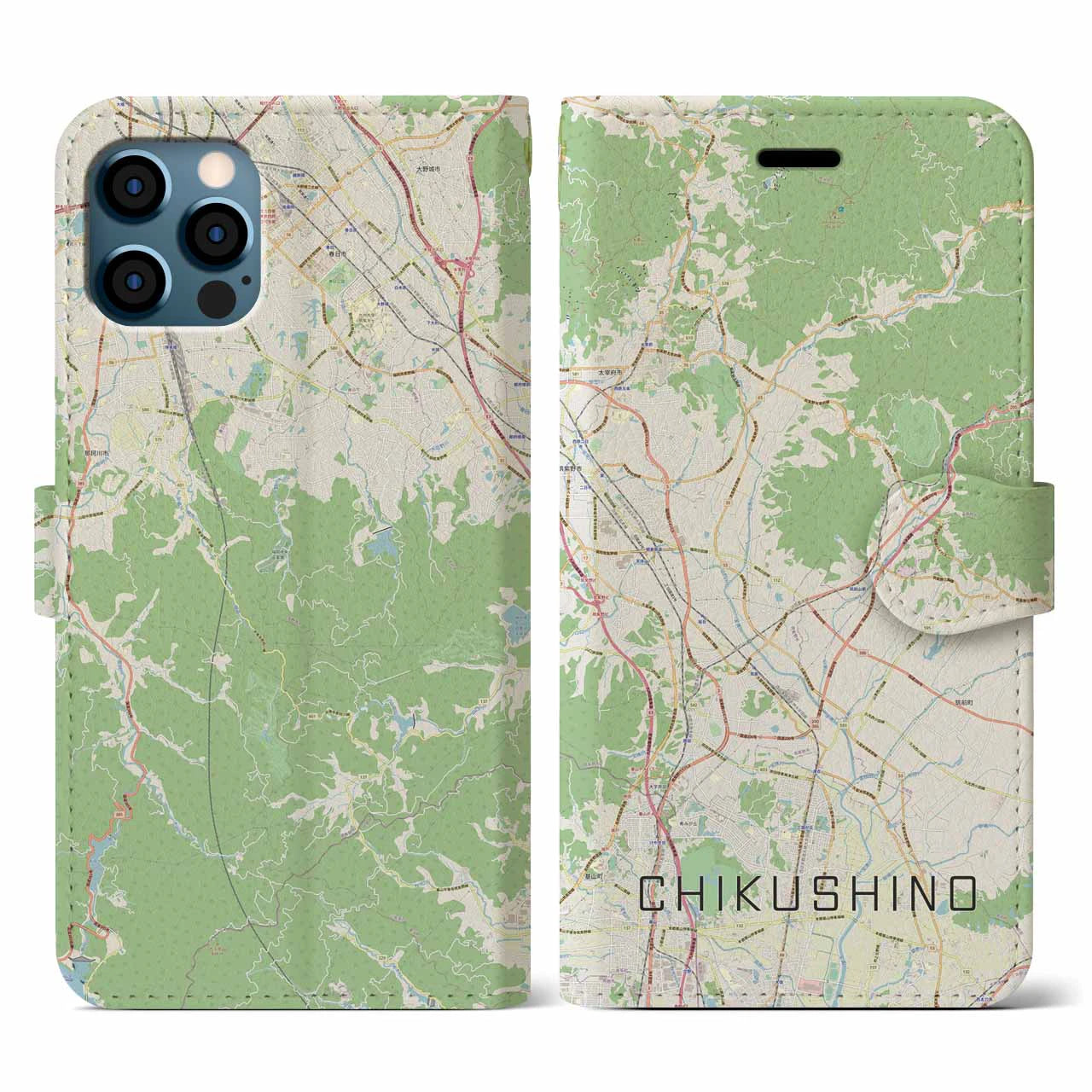 【筑紫野(福岡県)】地図柄iPhoneケース(手帳タイプ)ナチュラル・iPhone 12 / 12 Pro 用