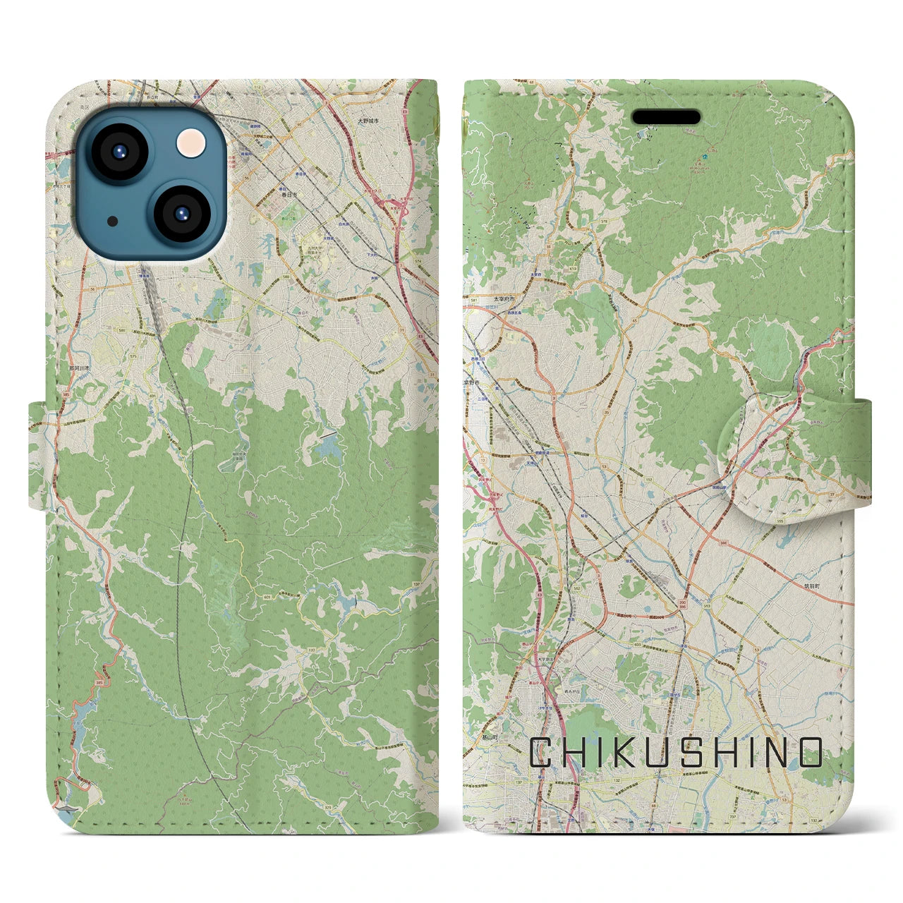 【筑紫野(福岡県)】地図柄iPhoneケース(手帳タイプ)ナチュラル・iPhone 13 用