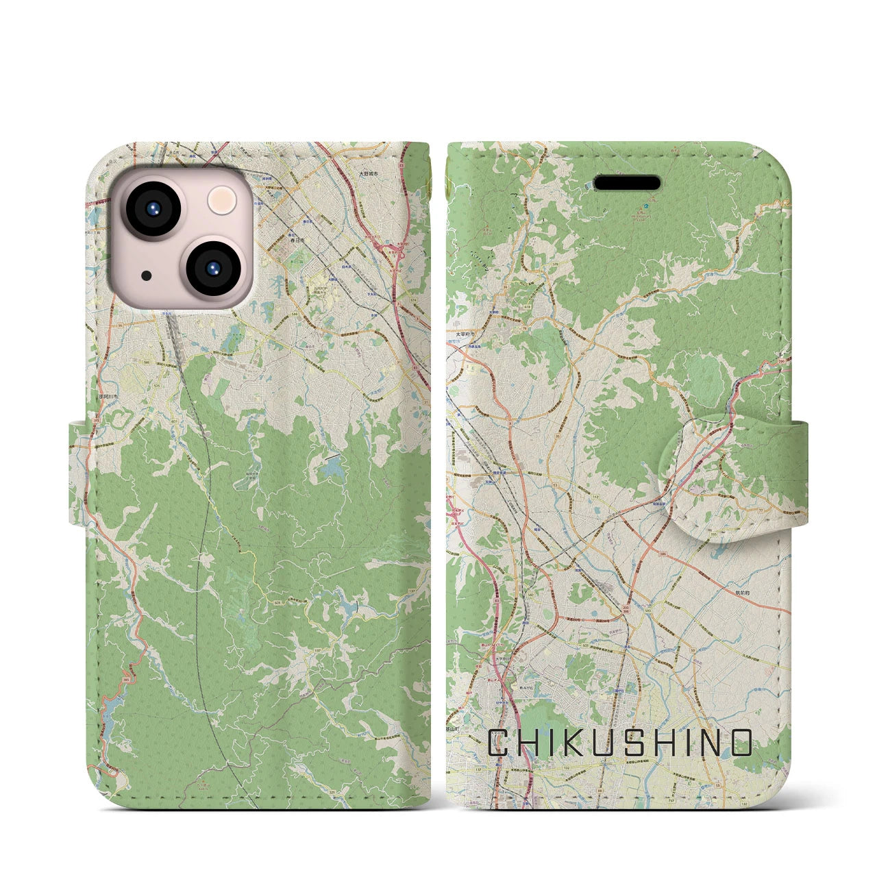 【筑紫野(福岡県)】地図柄iPhoneケース(手帳タイプ)ナチュラル・iPhone 13 mini 用