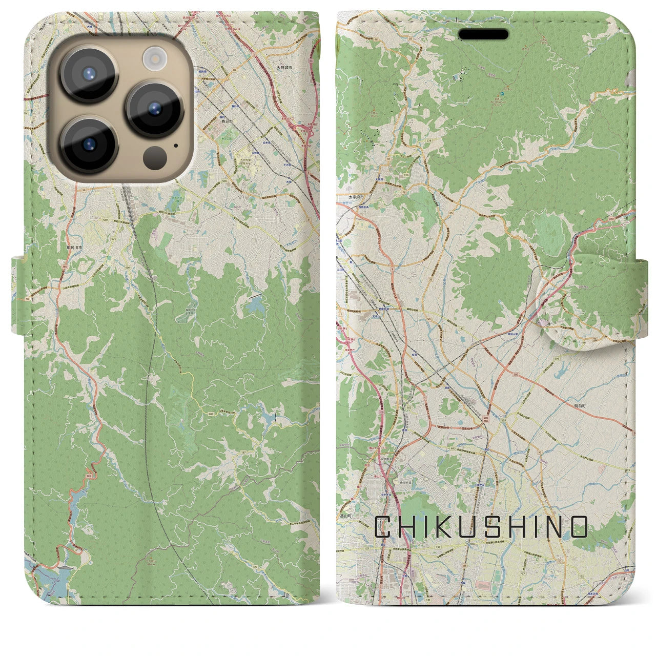 【筑紫野(福岡県)】地図柄iPhoneケース(手帳タイプ)ナチュラル・iPhone 14 Pro Max 用