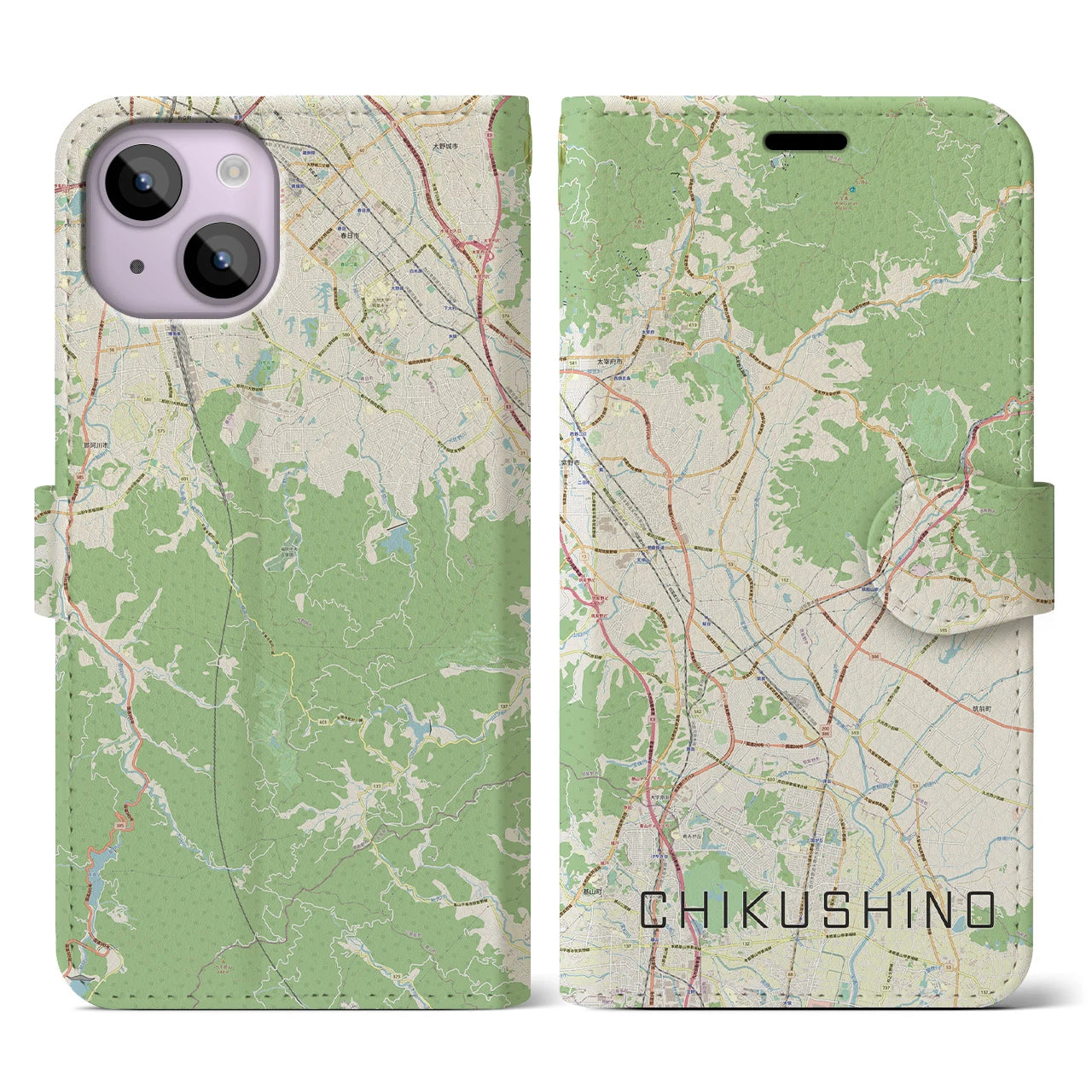 【筑紫野(福岡県)】地図柄iPhoneケース(手帳タイプ)ナチュラル・iPhone 14 用