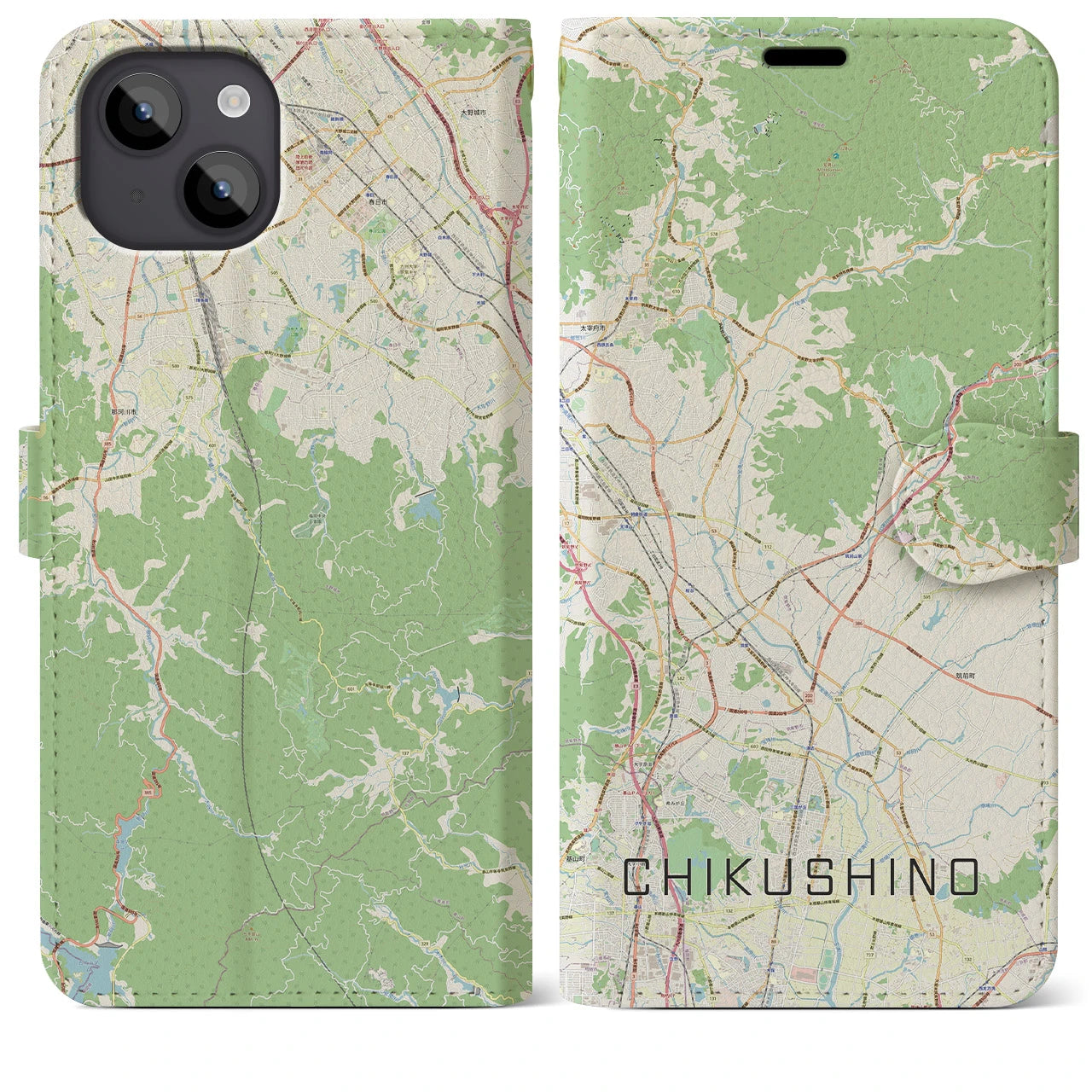 【筑紫野(福岡県)】地図柄iPhoneケース(手帳タイプ)ナチュラル・iPhone 14 Plus 用