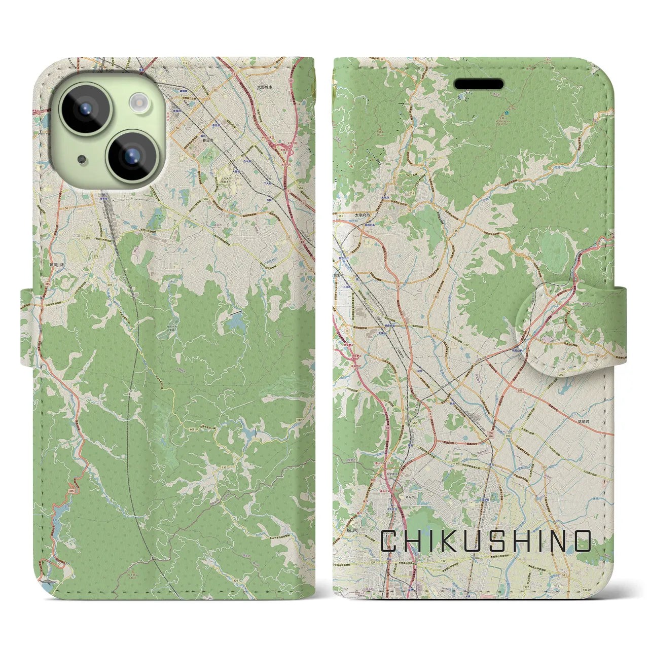 【筑紫野(福岡県)】地図柄iPhoneケース(手帳タイプ)ナチュラル・iPhone 15 用