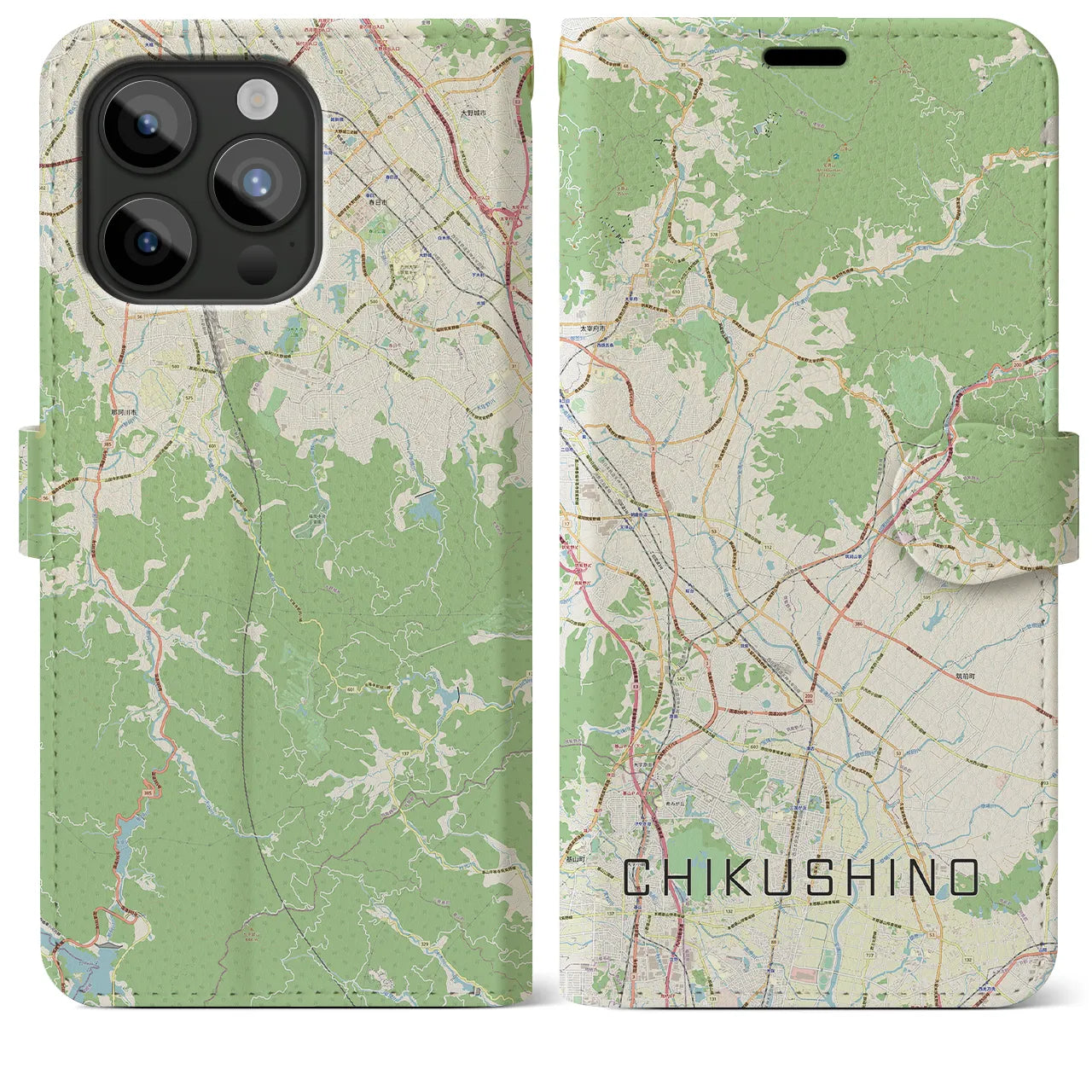 【筑紫野(福岡県)】地図柄iPhoneケース(手帳タイプ)ナチュラル・iPhone 15 Pro Max 用