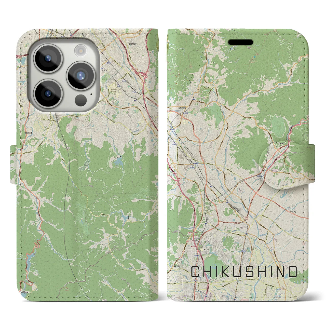 【筑紫野(福岡県)】地図柄iPhoneケース(手帳タイプ)ナチュラル・iPhone 15 Pro 用