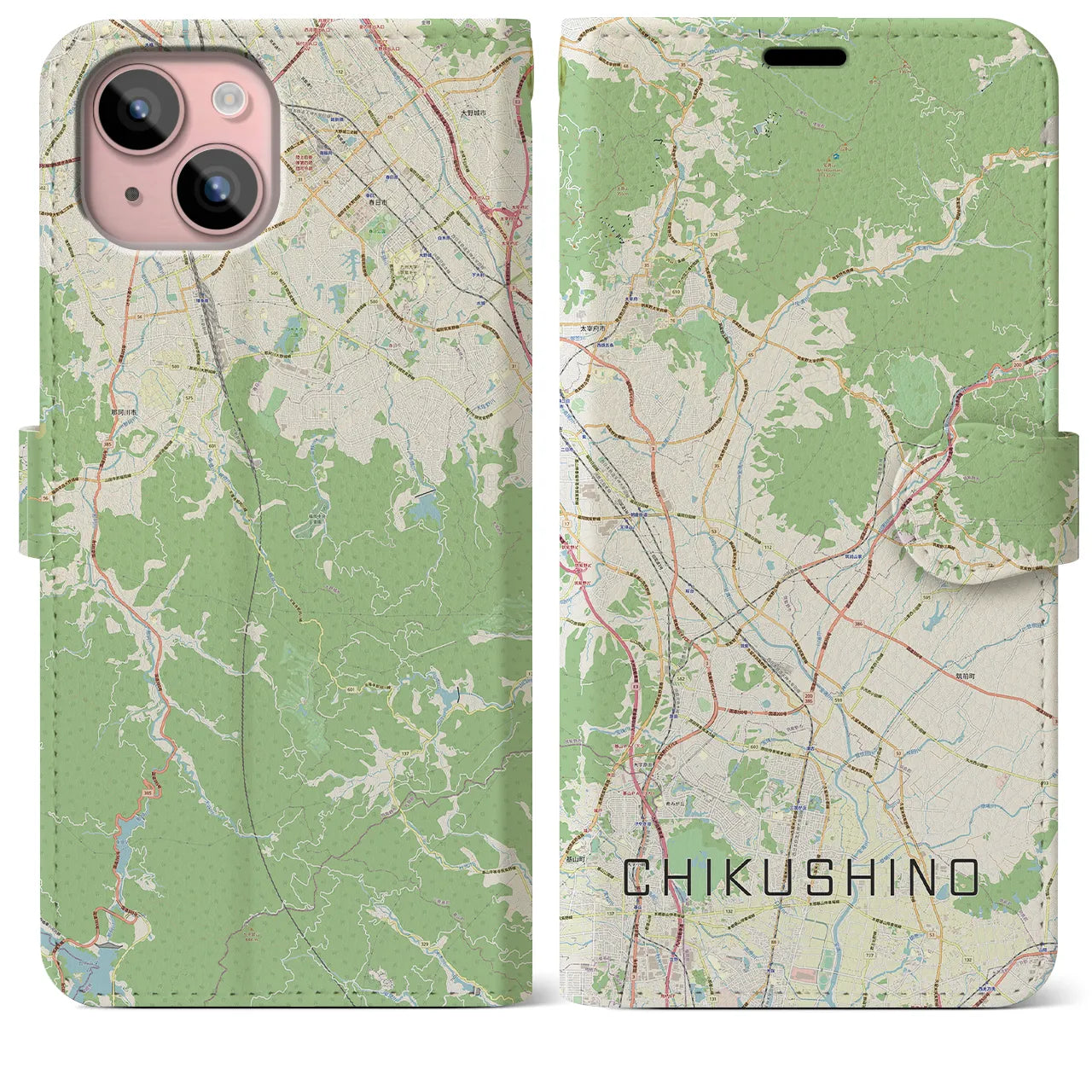 【筑紫野(福岡県)】地図柄iPhoneケース(手帳タイプ)ナチュラル・iPhone 15 Plus 用