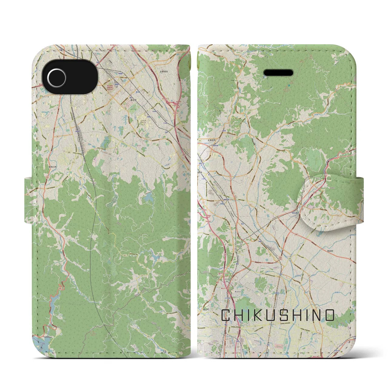 【筑紫野(福岡県)】地図柄iPhoneケース(手帳タイプ)ナチュラル・iPhone SE(第3 / 第2世代) / 8 / 7 / 6s / 6 用