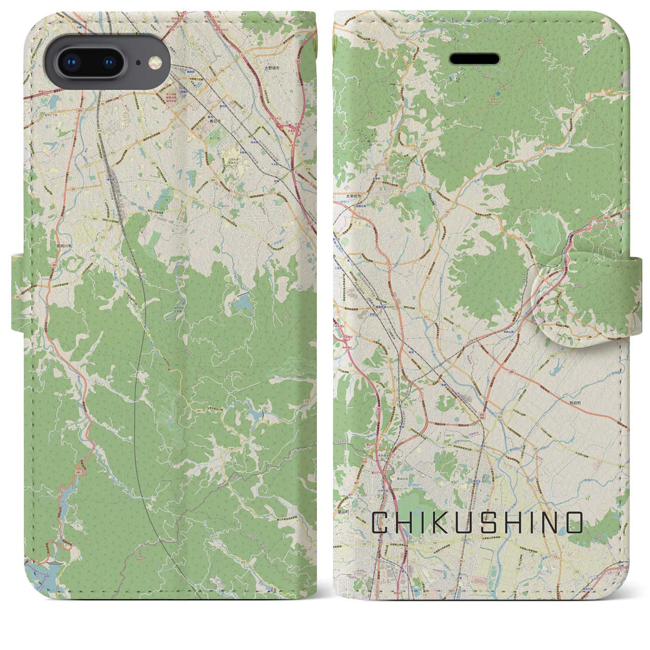 【筑紫野(福岡県)】地図柄iPhoneケース(手帳タイプ)ナチュラル・iPhone 8Plus /7Plus / 6sPlus / 6Plus 用
