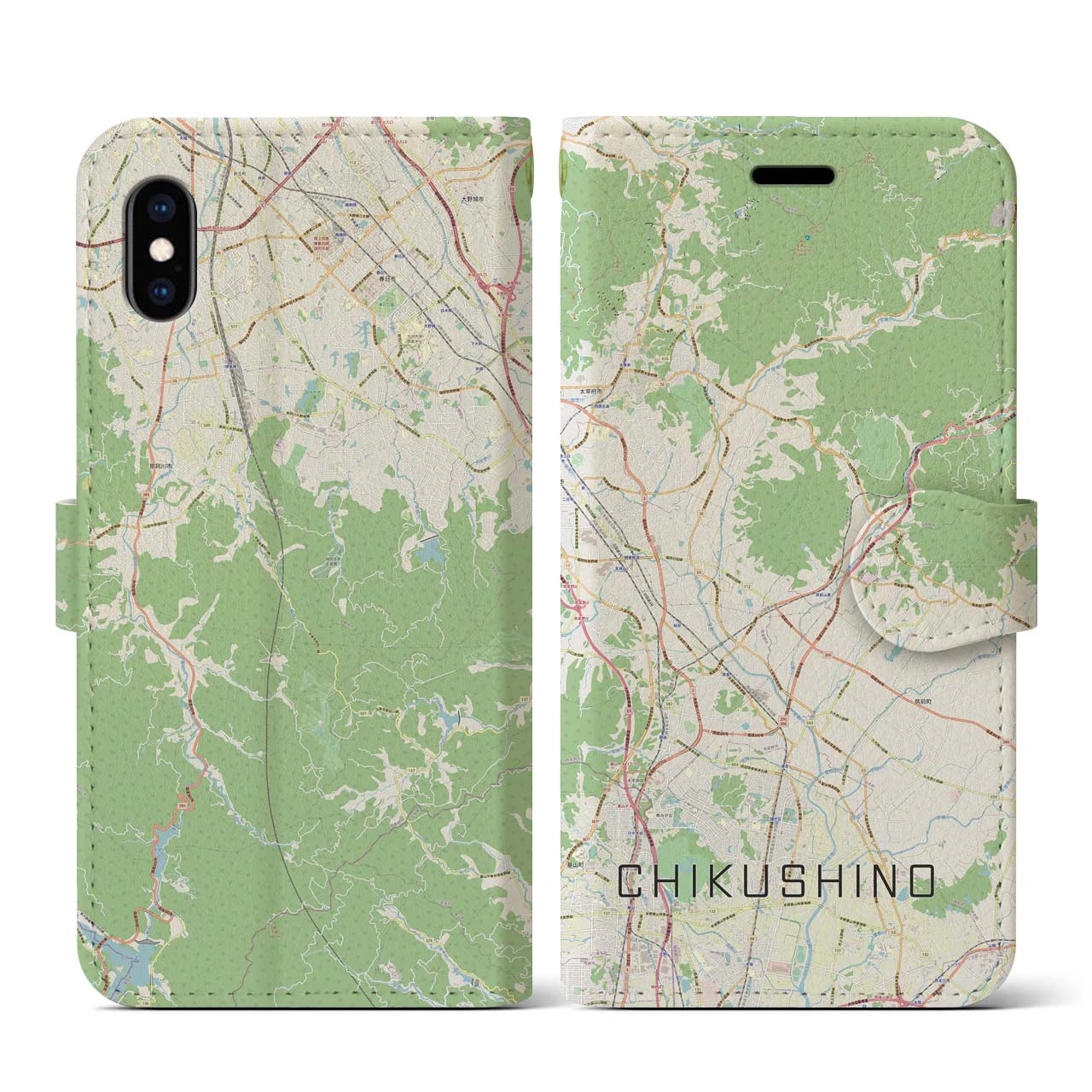 【筑紫野(福岡県)】地図柄iPhoneケース(手帳タイプ)ナチュラル・iPhone XS / X 用