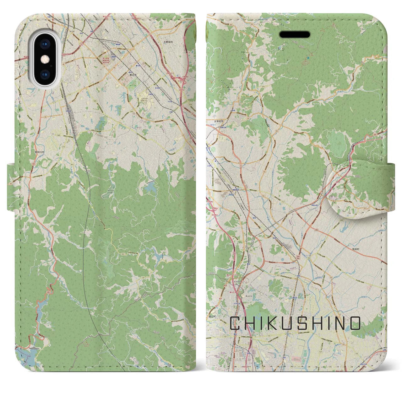 【筑紫野(福岡県)】地図柄iPhoneケース(手帳タイプ)ナチュラル・iPhone XS Max 用