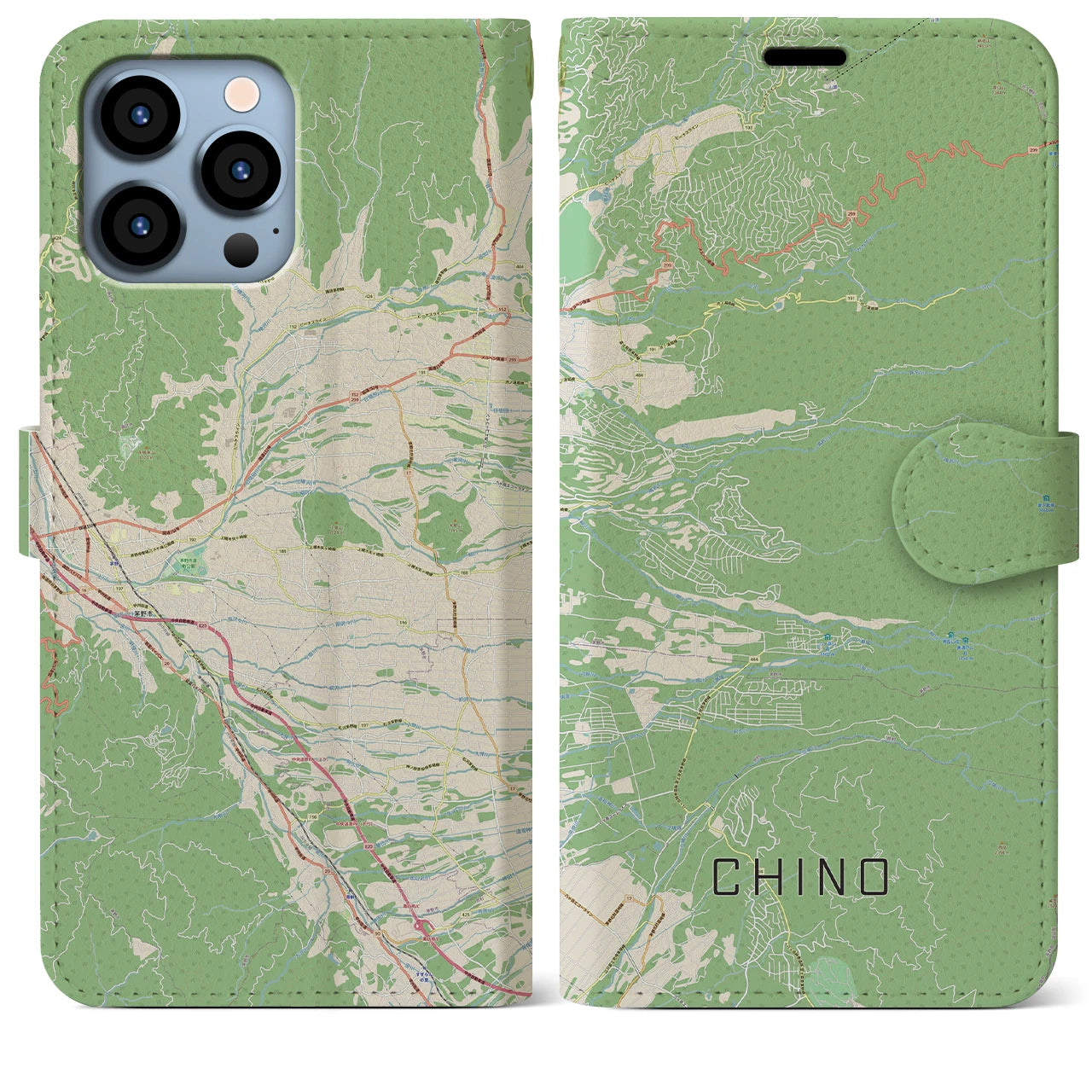 【茅野(長野県)】地図柄iPhoneケース(手帳タイプ)ナチュラル・iPhone 13 Pro Max 用