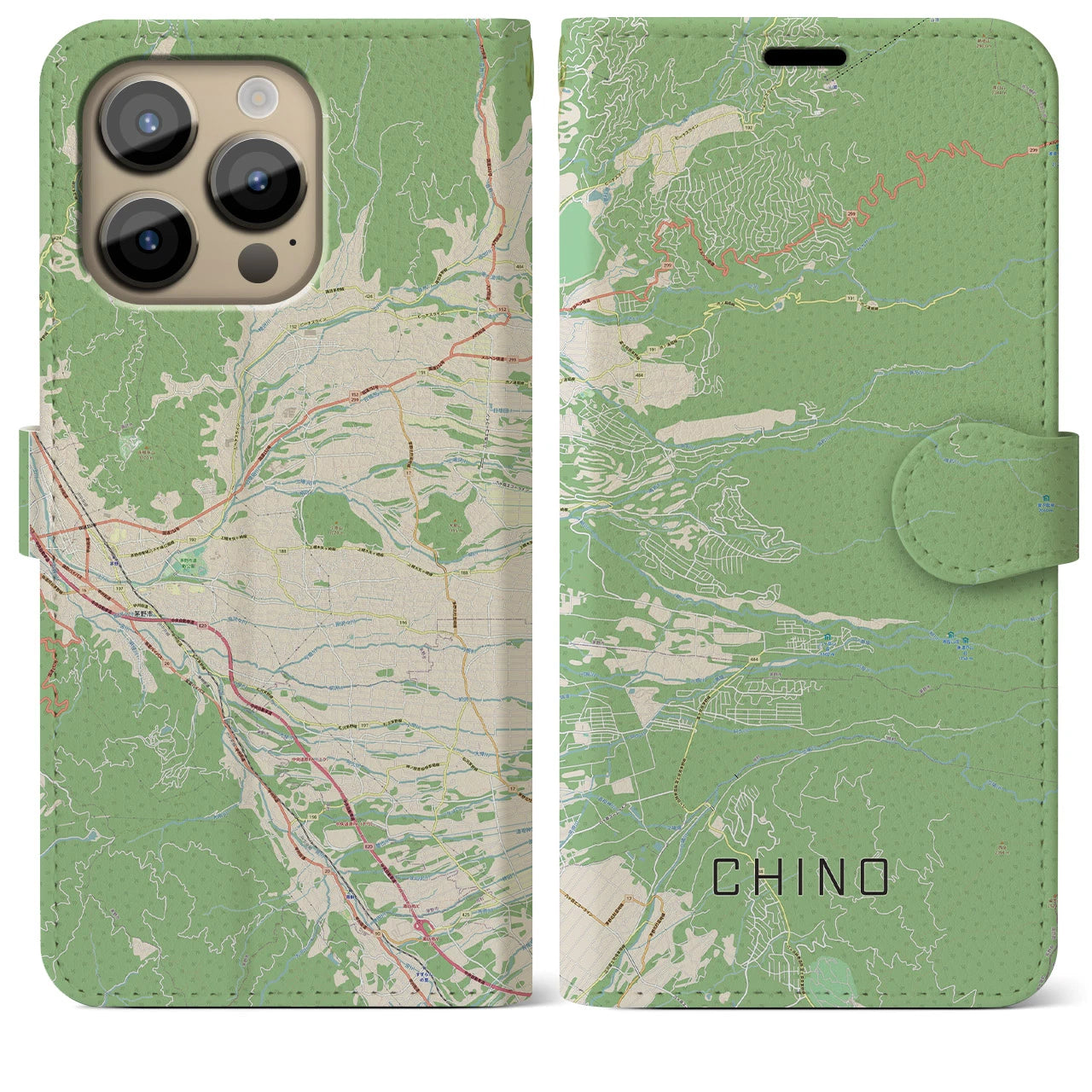 【茅野(長野県)】地図柄iPhoneケース(手帳タイプ)ナチュラル・iPhone 14 Pro Max 用