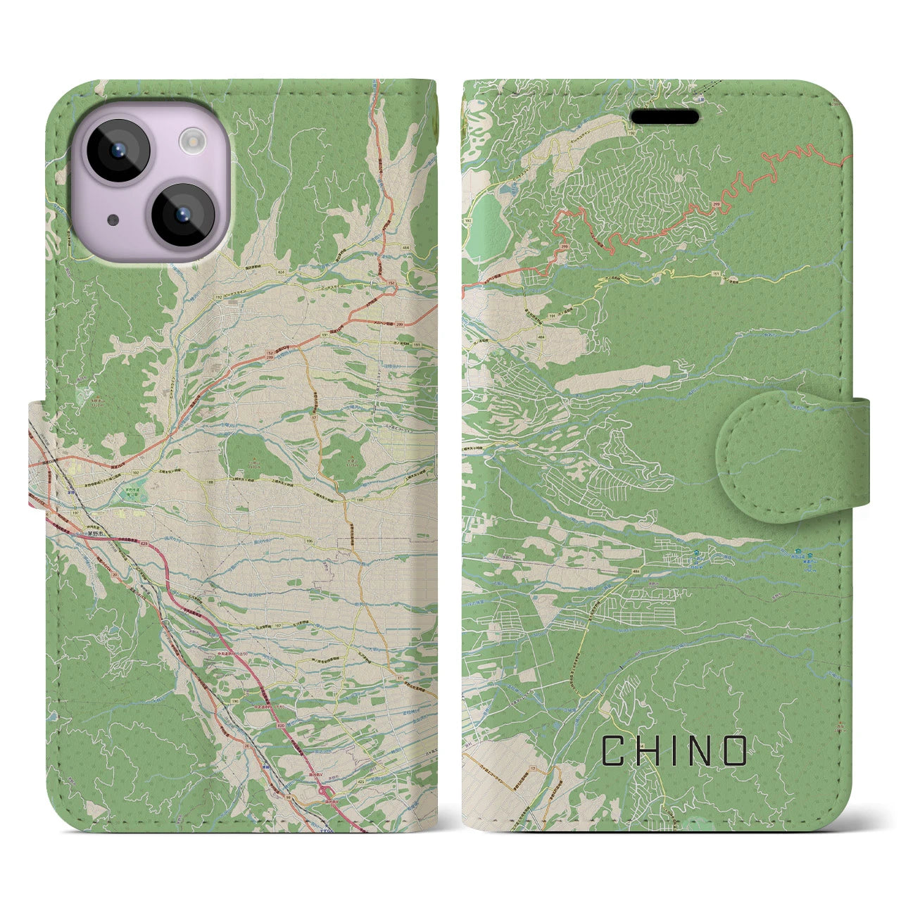 【茅野(長野県)】地図柄iPhoneケース(手帳タイプ)ナチュラル・iPhone 14 用